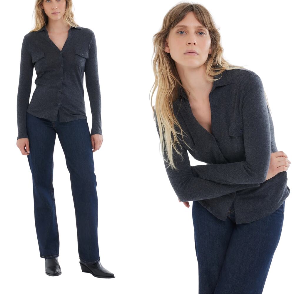 NEW Majestic Filatures Cotton Cashmere Long Sleeve Pocket Shirt Top Gray Size: 4